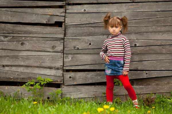 Mooi klein meisje van vijf jaar poseren voor de camera buiten in de buurt van houten muur — Stockfoto