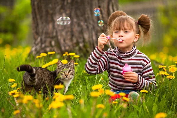 Engraçado linda menina e um gato, soprando bolhas de sabão — Fotografia de Stock