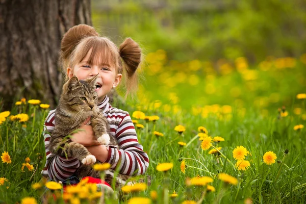 Roliga vackra lilla flicka som leker med en katt — Stockfoto