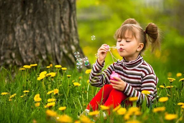 Mooie kleine vijf-jarig meisje blazen van zeepbellen in het park — Stockfoto