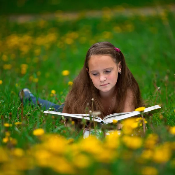 A girl reads a book in the meadow. — Stock Photo, Image