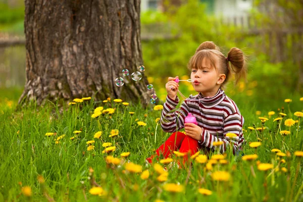 Schöne lustige schöne kleine fünfjährige Mädchen pustet Seifenblasen im Park — Stockfoto