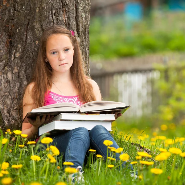 Niña se sienta en una hierba y sueña mientras lee un libro —  Fotos de Stock