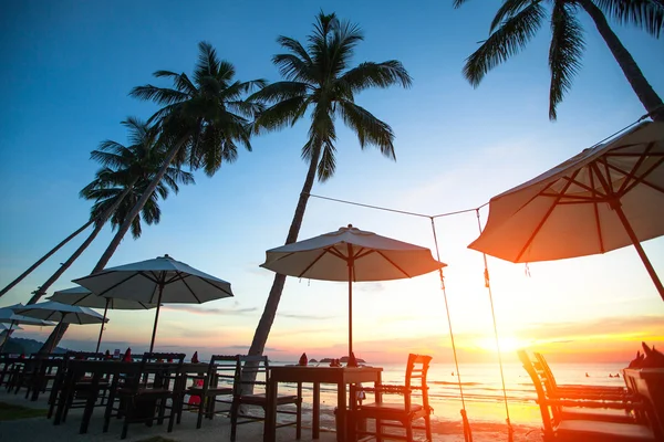 Pôr do sol em um resort de praia nos trópicos — Fotografia de Stock