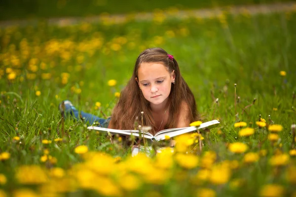 Teengirl 读取在草地上的一本书 — 图库照片