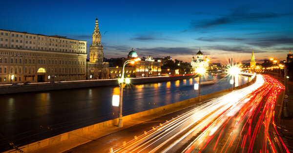 Panorama of the embankment of Moskva River near Kremlin in Moscow in night time.