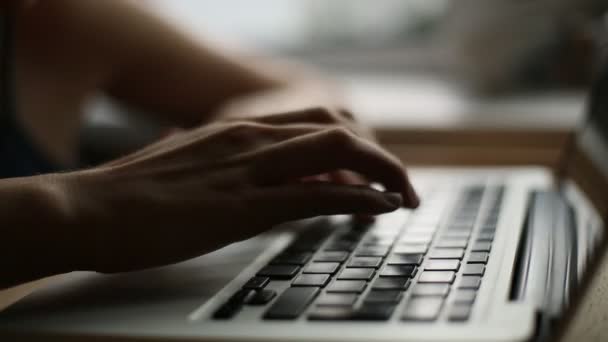 Dizüstü bilgisayarda klavye kullanan genç bir kadının yakın çekimi. — Stok video