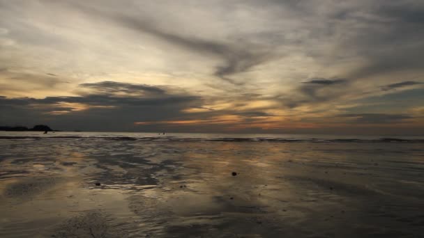 Jovem mulher correndo ao pôr do sol na praia — Vídeo de Stock