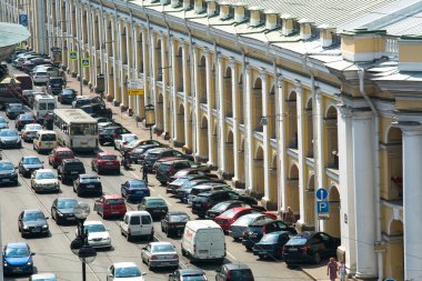 ST.PETERSBURG, RUSSIA - JUN 27: Cars stands in traffic jam on the city center, Jun 27, 2013, SPb, Russia. Shortness of traffic due to repairs Greater Obukhov (cable-stayed) Bridge. clipart