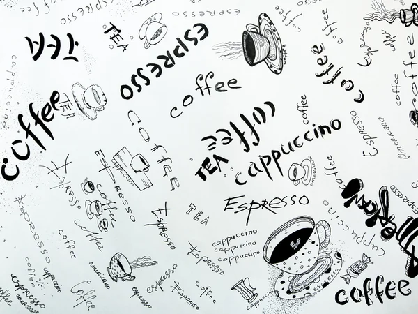 Begreppet kaffe: skisser i bläck på vitt papper. — Stockfoto