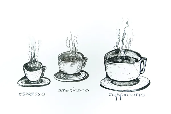 Set van drie koffiekopje geschilderd met inkt op een wit vel, de inscriptie hieronder - americano, espresso, capuchino Stockfoto