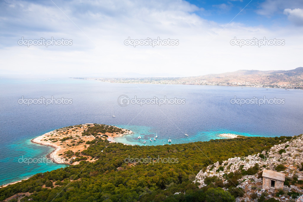 Moni island Bay, Greece, top view. Sailing in the Aegean Sea.