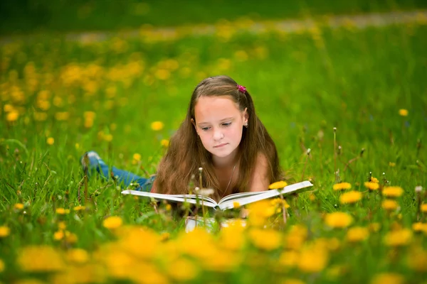 Una chica lee un libro en el prado . — Foto de Stock