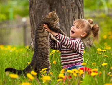bir kedi ile oynayan çocuk