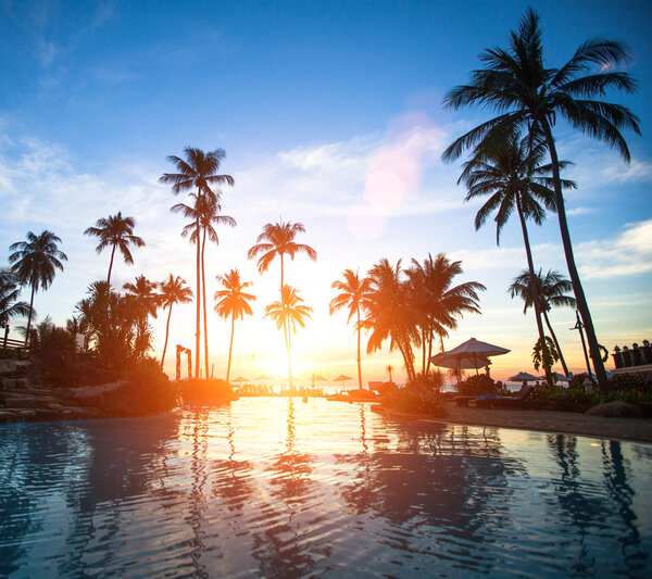 Beautiful sunset at a beach resort in the tropics.