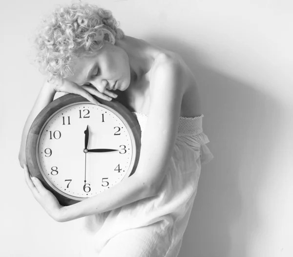 Girl with big clock — Stock Photo, Image