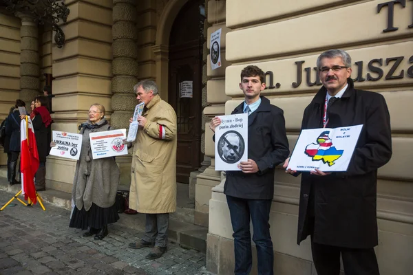 Protesta Vicino Opera Cracovia Contro Portare Truppe Russe Nella Crimea — Foto Stock