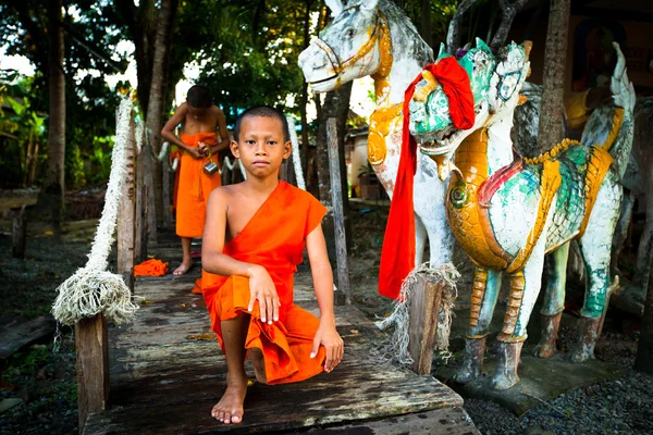 身份不明的孩子花和尚在佛教修道院扫管笏科隆布鲁 — 图库照片