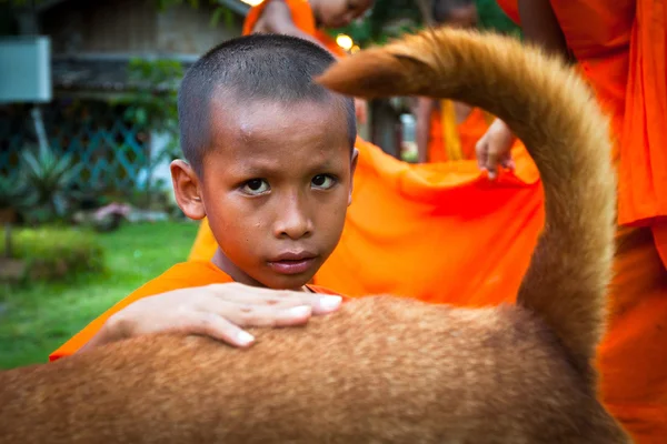 Un niño pasa un monje en un monasterio budista Wat Klong Prao —  Fotos de Stock