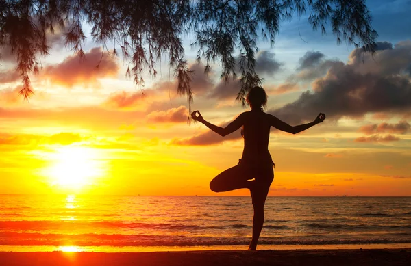 Silhouet Jonge vrouw die yoga beoefent — Stockfoto