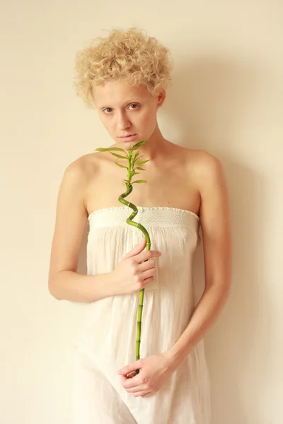 若い女の子をそっと手緑芽の保持します。. — ストック写真