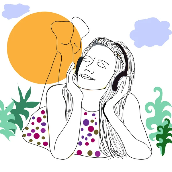 Chica de la felicidad con auriculares disfrutando de la naturaleza y la música en el día soleado — Vector de stock