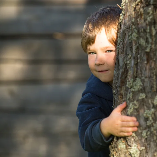 Petit garçon regardant par derrière l'arbre — Photo