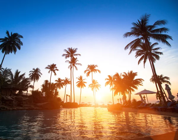 Stranden i tropikerna vid solnedgången — Stockfoto