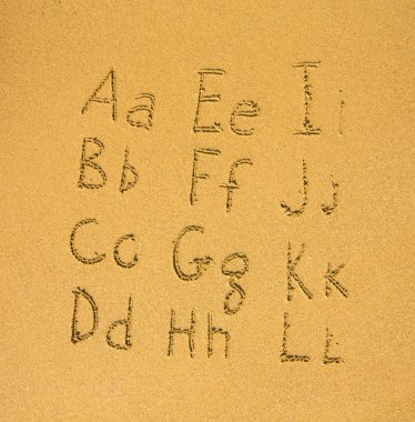 bir kum plajı üzerinde yazılı alfabesi (a-l).