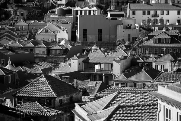 Portekiz 'in Porto kentindeki evlerin çatıları görünüyor. Siyah beyaz fotoğraf.