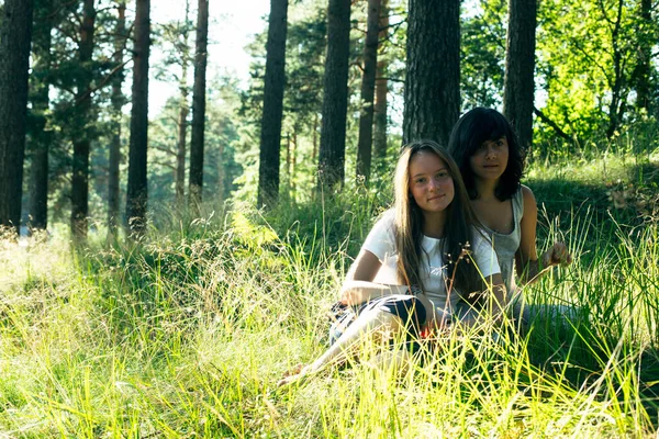 Bir Yaz Parkında Yeşil Çimlerin Üzerinde Iki Genç Kız Arkadaş — Stok fotoğraf