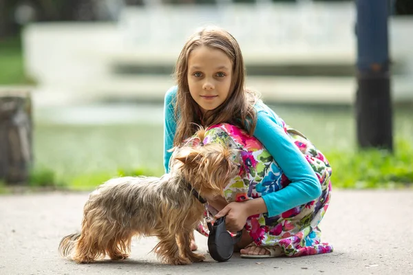 Een Tienermeisje Met Een Kleine Hond Straat — Stockfoto