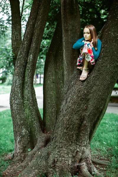 公園の木に座っている10代の女の子 ストック画像