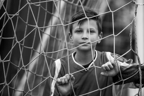 Portrait Teenage Boy Goal Soccer Field Black White Photo — Stock Photo, Image