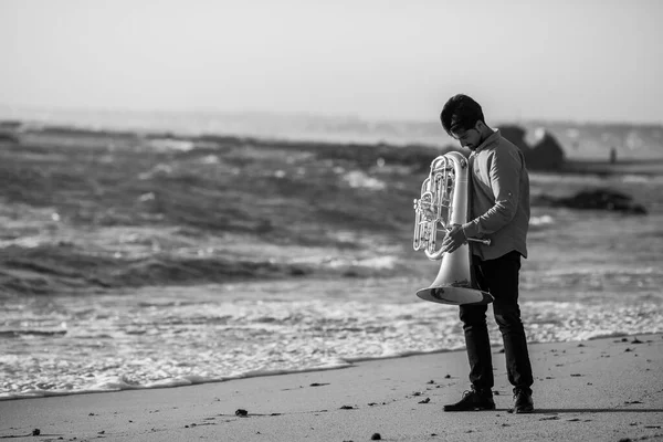 Male Musician Tuba Ocean Black White Photo Black White Photo Stock Photo