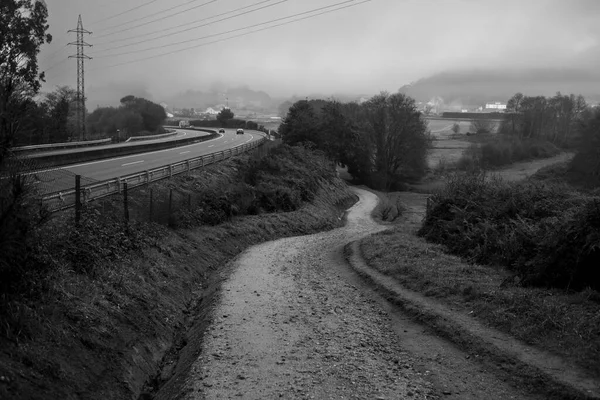 Country Road Highway Morning Fog Black White Photo Stock Picture