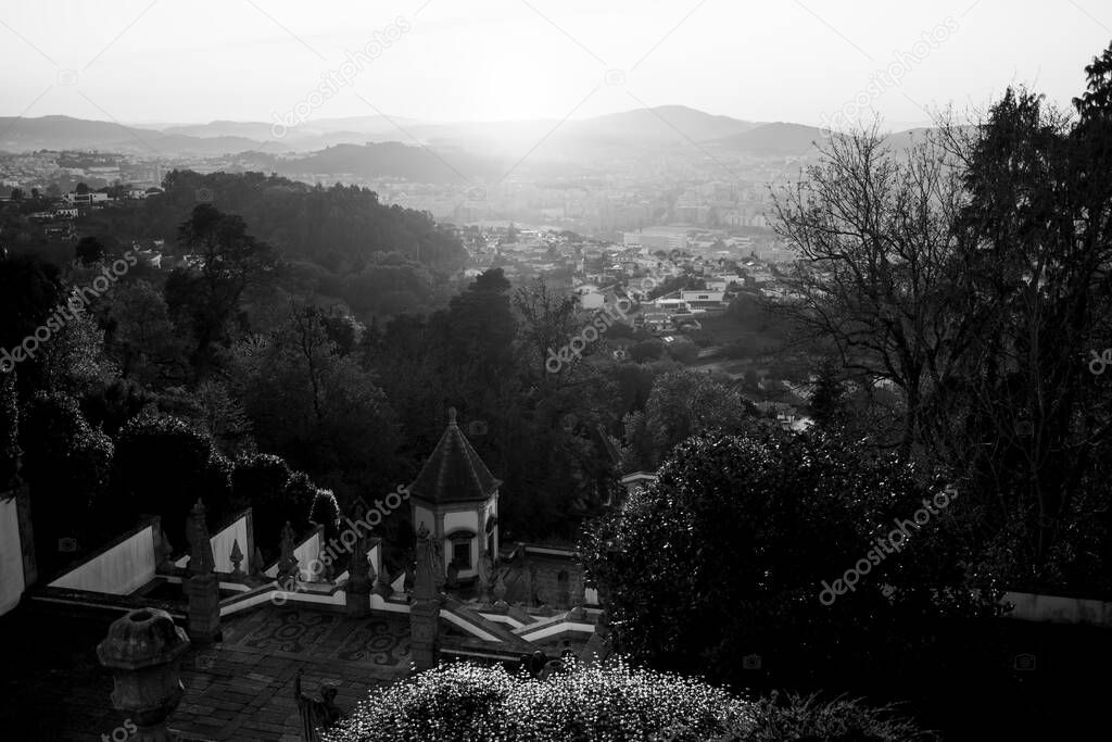View of the stairway to the church of Bom Jesus do Monte in Braga, Portugal. Black and white photo.