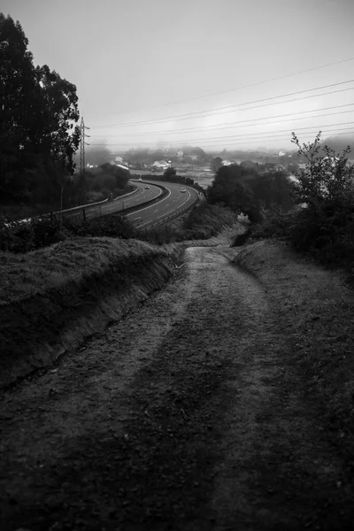 Country Road Next Highway Black White Photo — Foto Stock