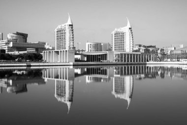 View of the city and waterfront in Lisbon, Portugal. Black and white photo.