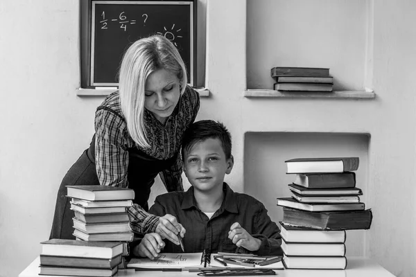 Schoolboy Studying Home Tutor Black White Photo — Zdjęcie stockowe