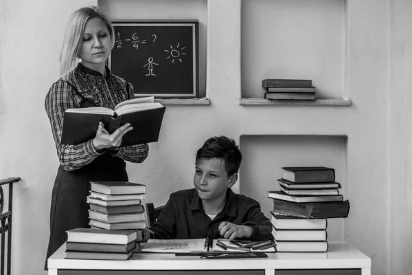 Female Tutor Teaches Schoolboy Home Black White Photo —  Fotos de Stock