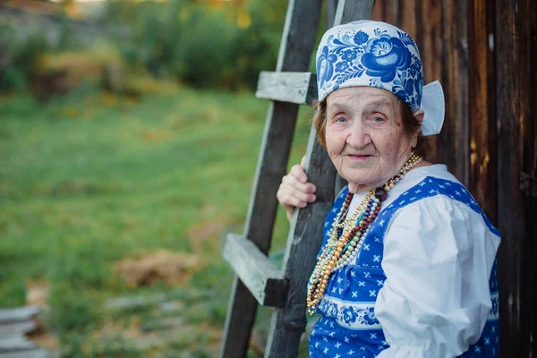 Elderly Woman Slavic National Dress Black White Photograph — 图库照片