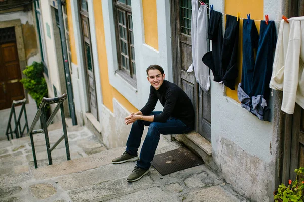 Nice Young Man Small Street European City —  Fotos de Stock