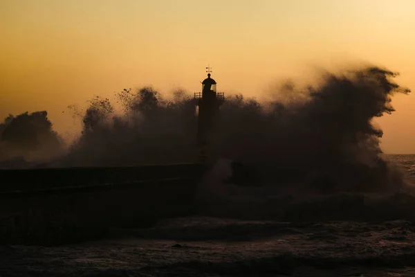 View Lighthouse Storm Atlantic Ocean Matosinhos Porto Portugal — 图库照片