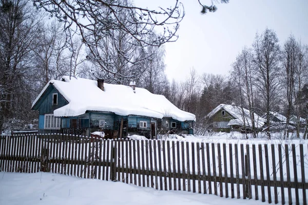 Вид Домов Русской Деревне Снежную Зиму — стоковое фото