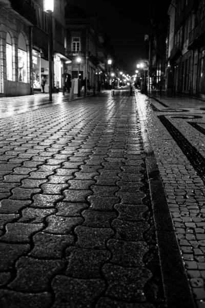 Wet Rain Pavement Night Porto Portugal Black White Photo — Stock Photo, Image