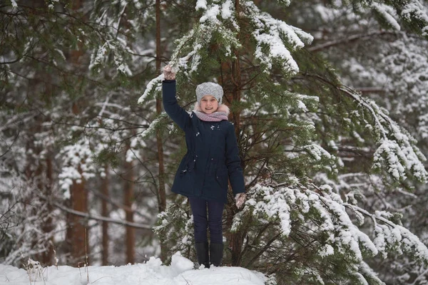 Маленька Дівчинка Зимовому Сніжному Ялинковому Лісі — стокове фото