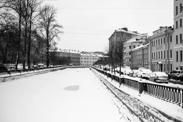 Vue Canal Griboyedov Hiver Saint Pétersbourg Russie Photo Noir Blanc — Photo
