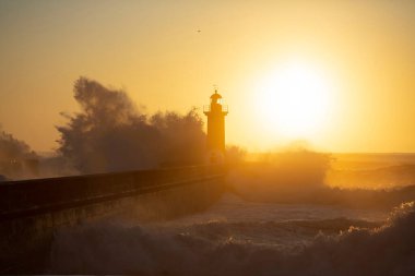 Arka planda deniz feneri olan Porto sahilindeki Matosinhos 'ta dev bir Atlantik dalgası. Portekiz.