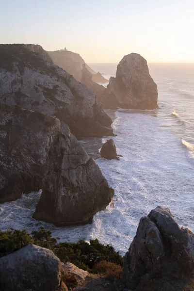 Zicht Kliffen Branding Atlantische Oceaan Bij Zonsondergang Miradouro Praia Caneiro — Stockfoto